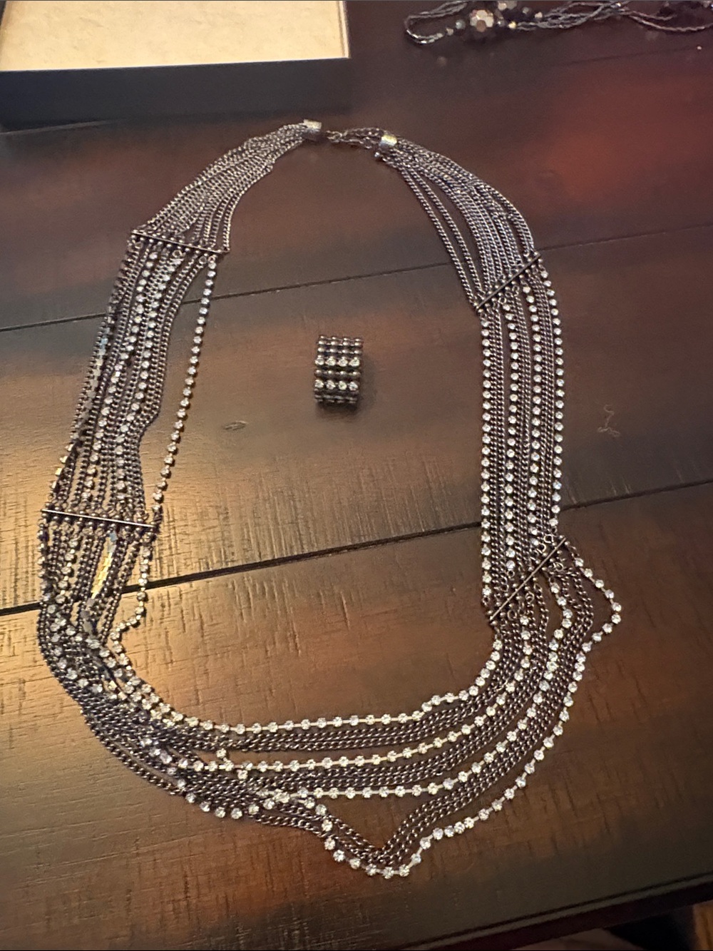 Multi-Strand Metal and Crystal Women’s Necklace with Matching Ring
